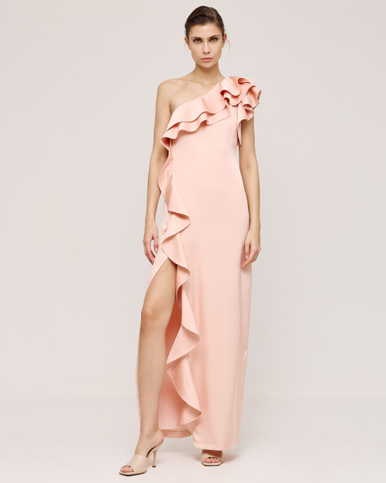 One-shoulder satin dress with ruffles
