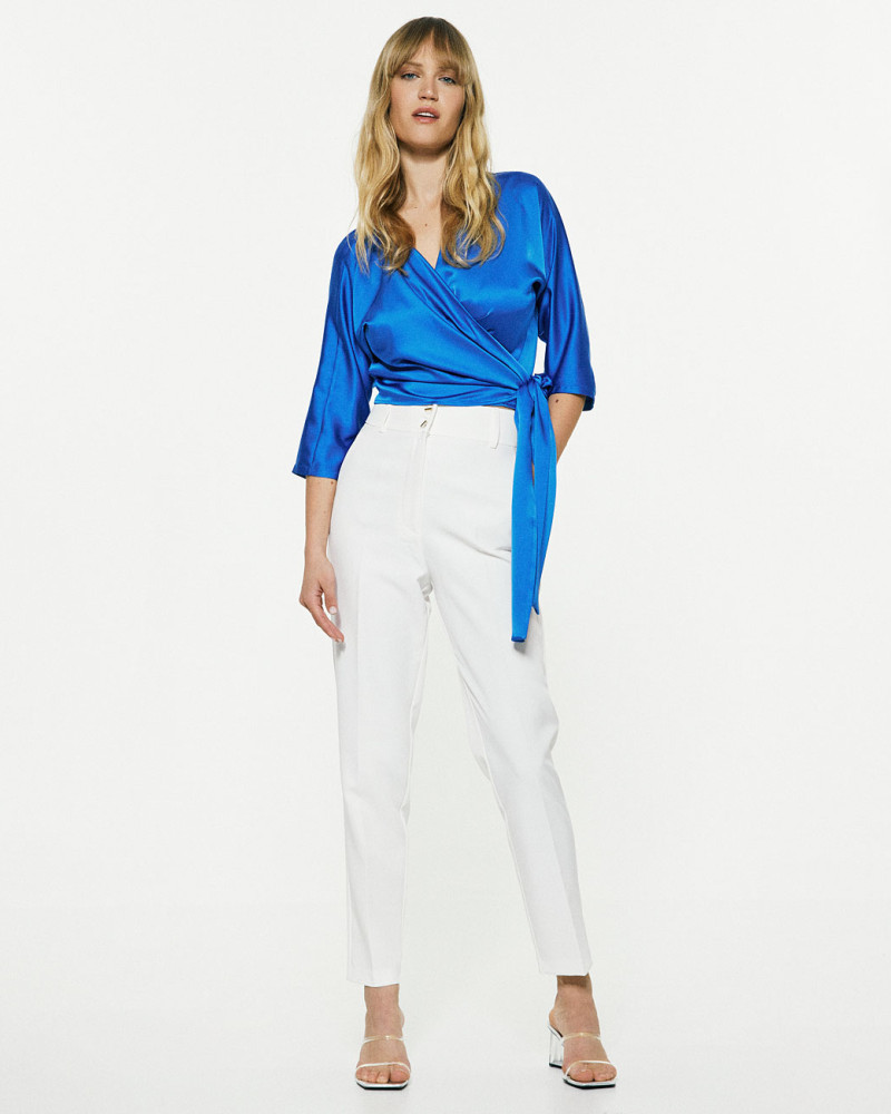 Wrap satin blouse with tied knot