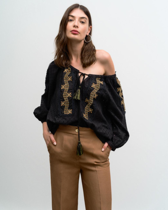 Embroidery blouse with tassels