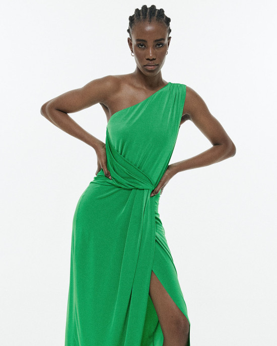 One shoulder jersey dress with pleats