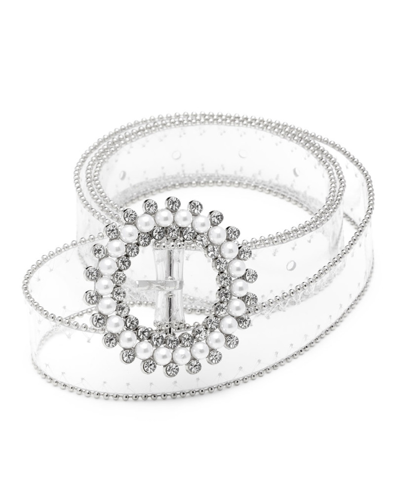 Transparent belt with pearls