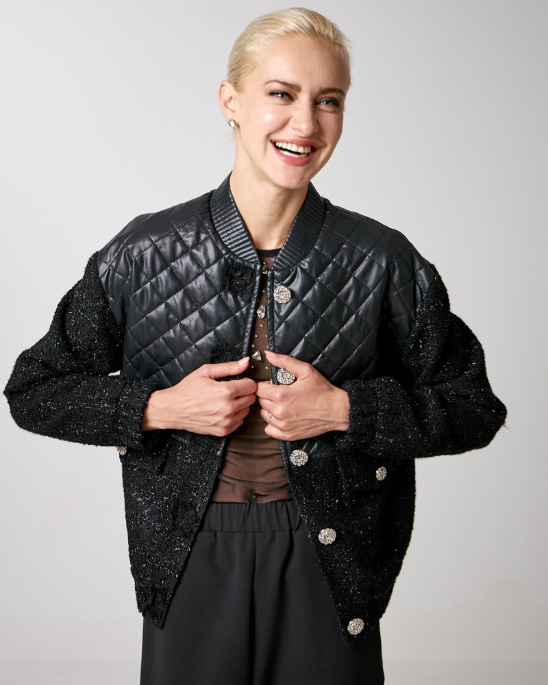 Faux leather effect jacket with tweed details