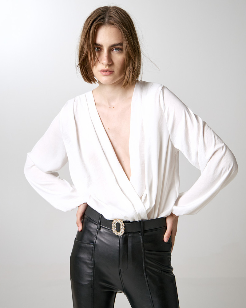 Satin wrap blouse elastic waist