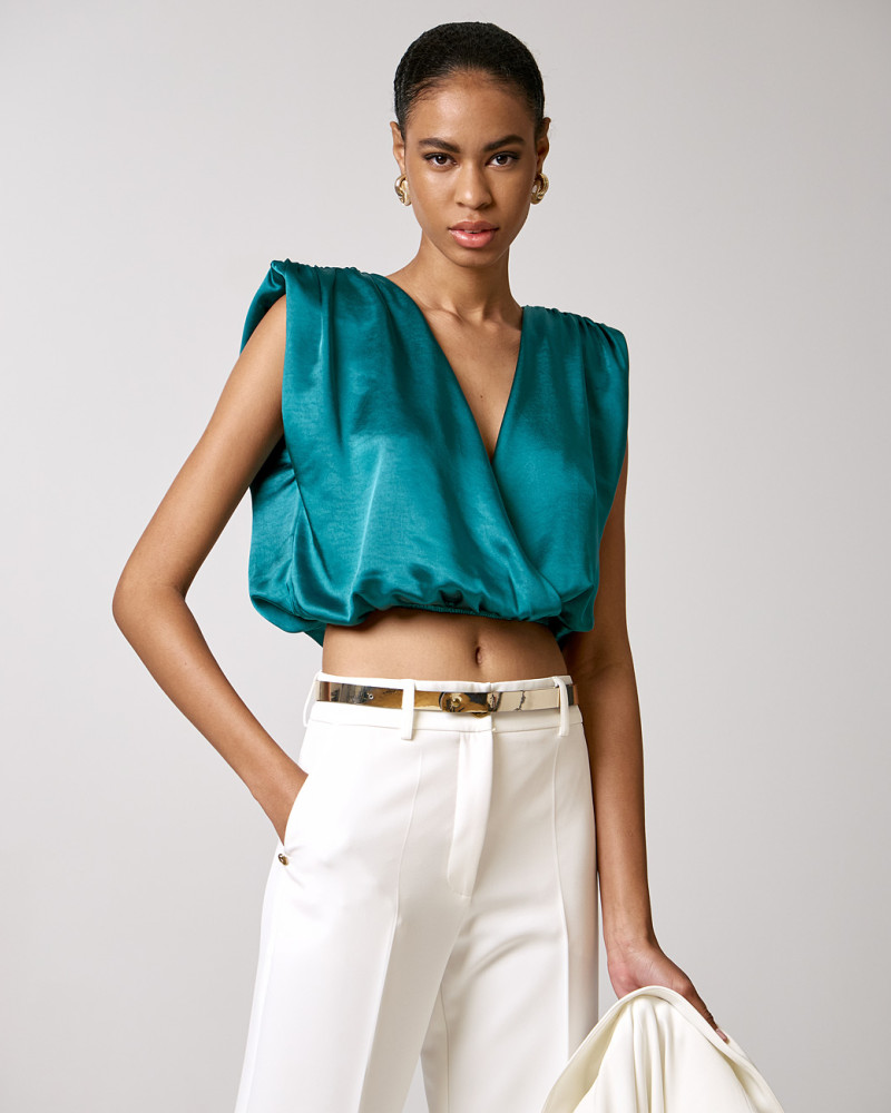 Satin wrap top with padded shoulders