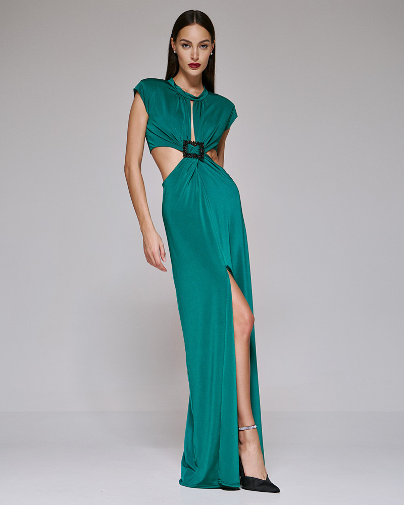 Maxi dress with cut-outs and rhinestone buckle