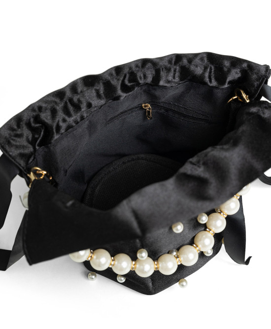 Satin pouch bag with pearls