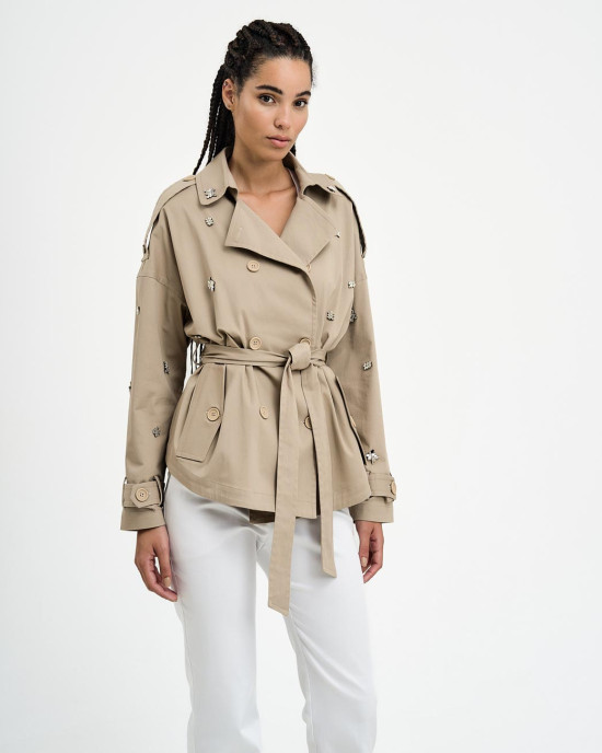 Trench coat with embroidered rhinestones