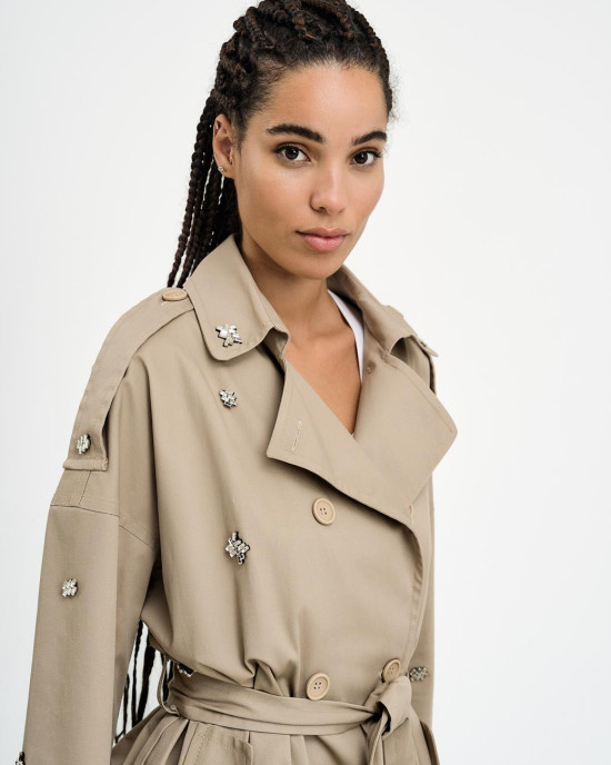 Trench coat with embroidered rhinestones