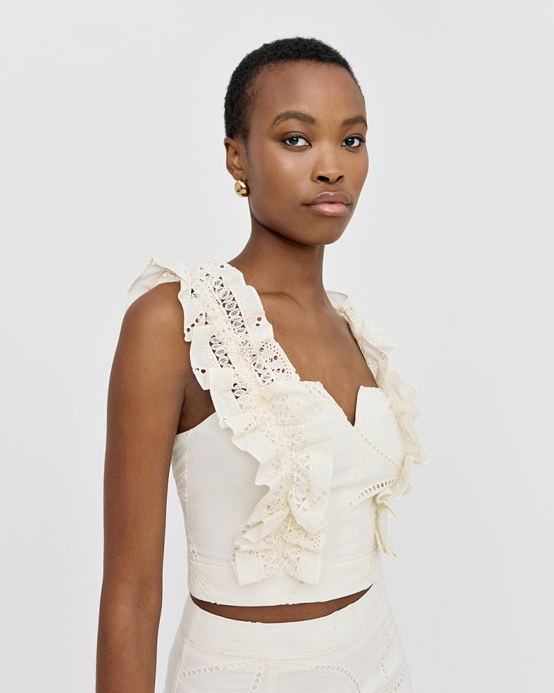 Broderie bustier top with lace ruffles