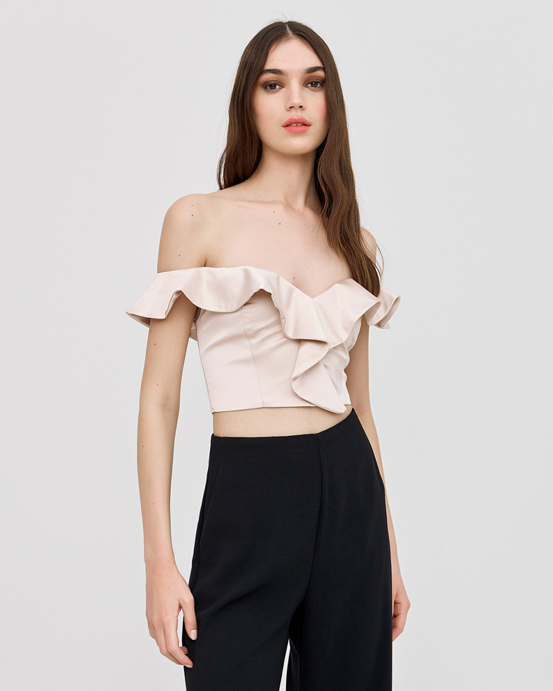 Off-the-shoulder bustier top with ruffles