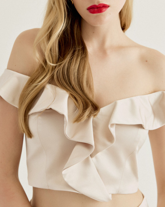 Off-the-shoulder bustier top with ruffles