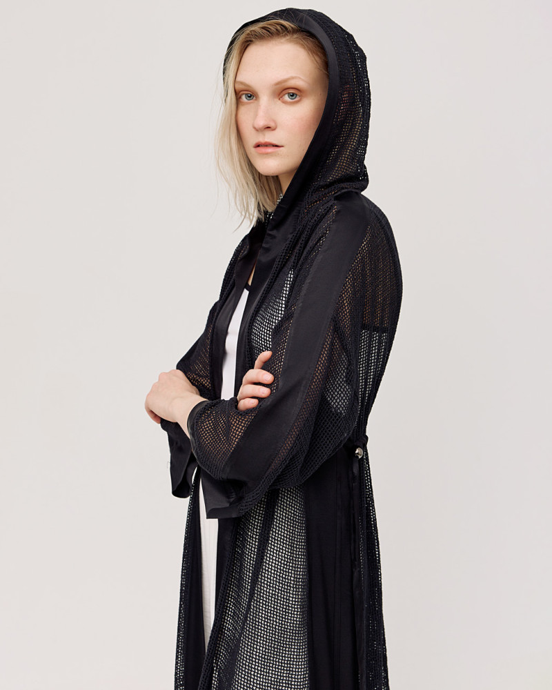 Hooded kimono with fishnet details