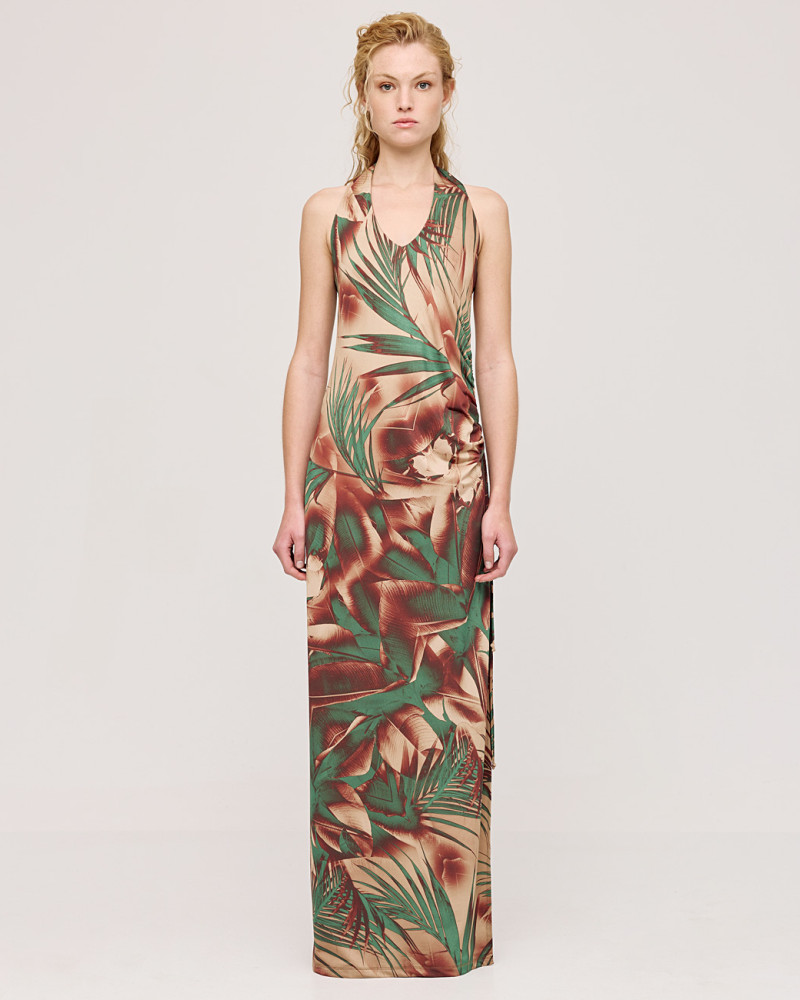 Printed dress with gatherings and a slit