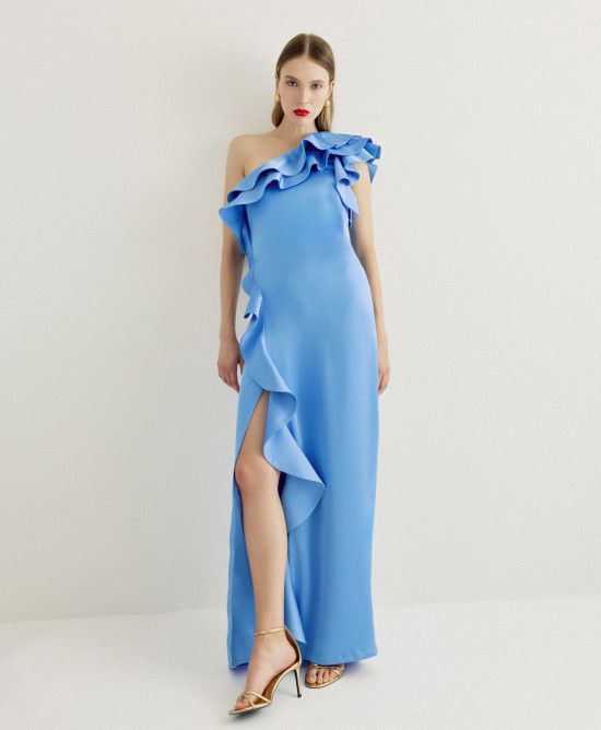 One-shoulder satin dress with ruffles