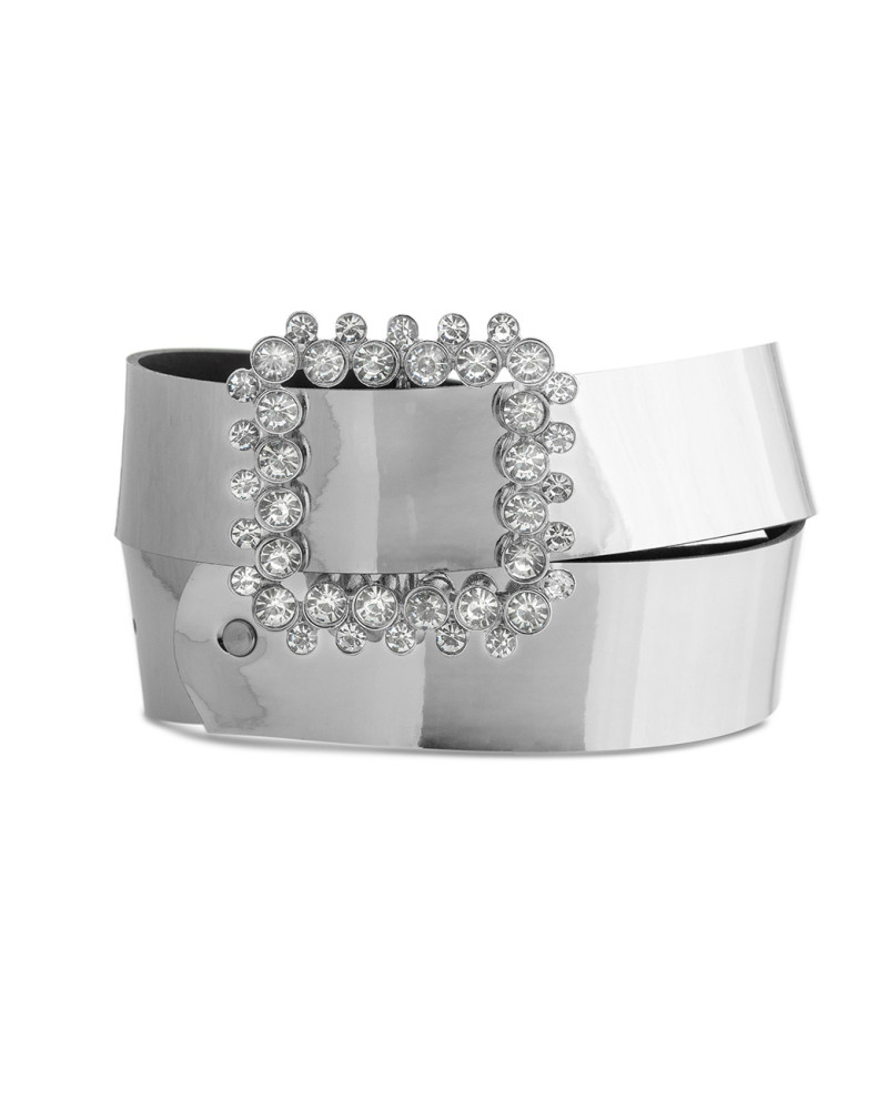 Mirror-effect belt with a square rhinestone buckle