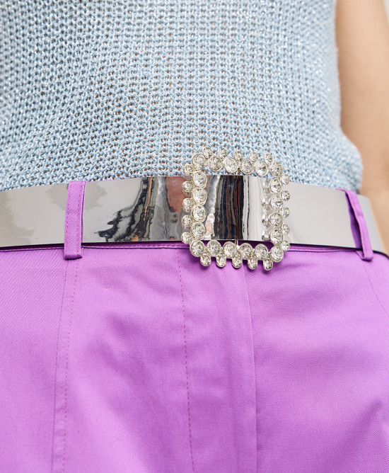 Mirror-effect belt with a square rhinestone buckle