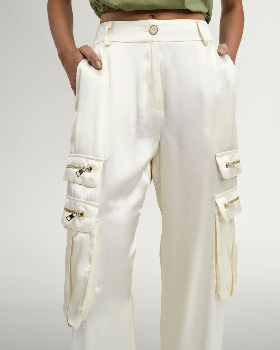 Satin pants with pockets and zippers