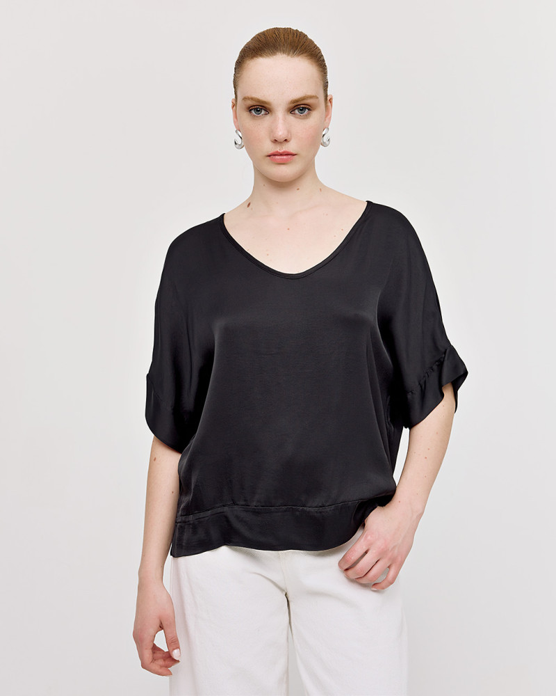 Short-sleeve satin blouse with V