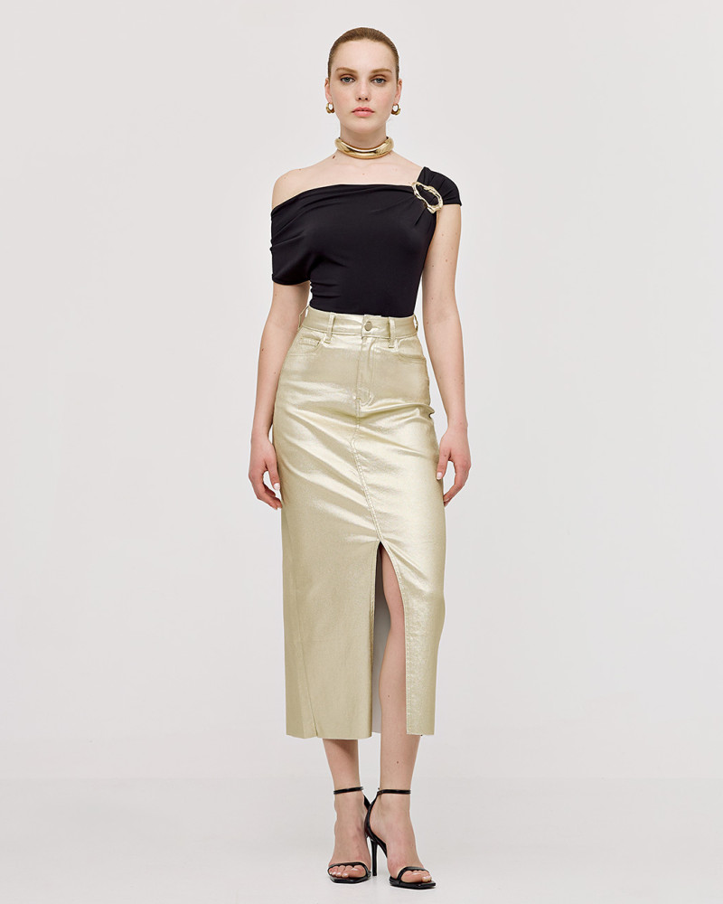 Metallic-effect denim skirt