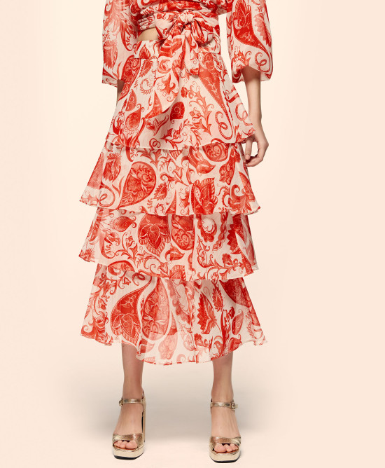 Ruffled paisley-print skirt
