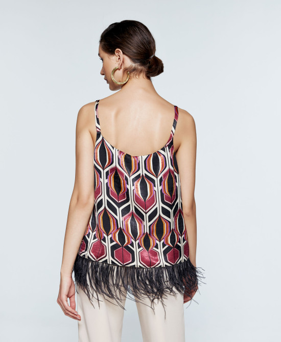 70s print top feathers, big pattern