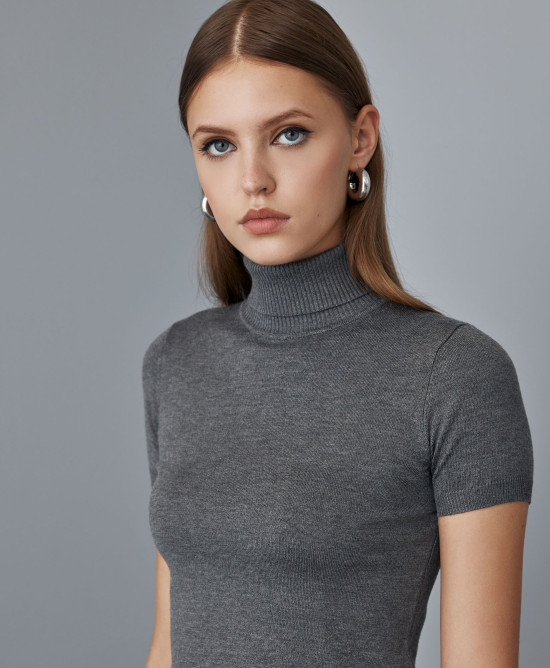 Short sleeve turtleneck knit sweater