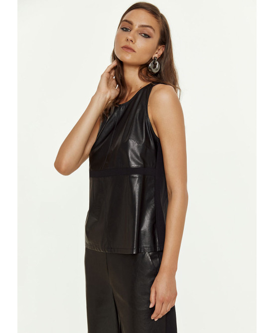 Sleeveless blouse with faux leather