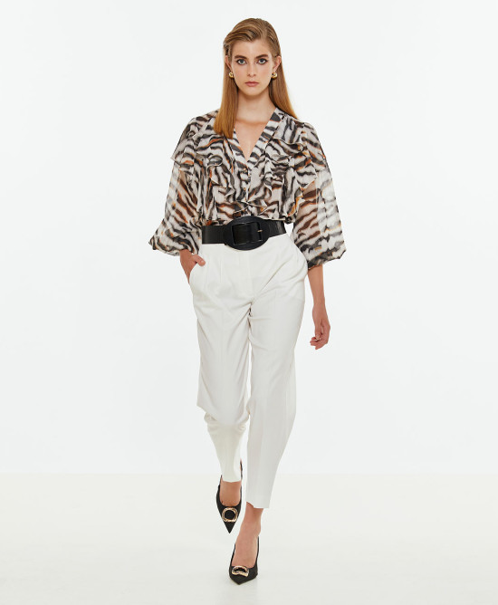 Animal print blouse with ruffles