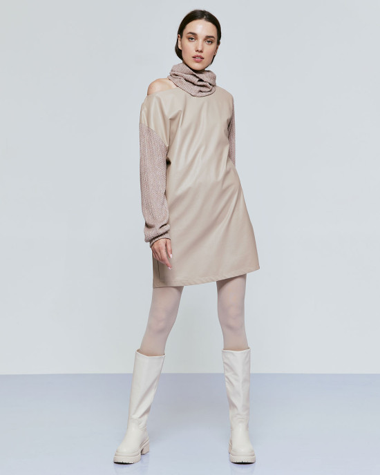 Dress in leather effect with knitted sleeves