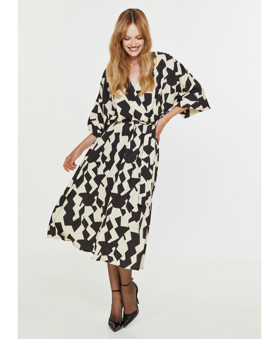 Printed wrap dress with tied belt