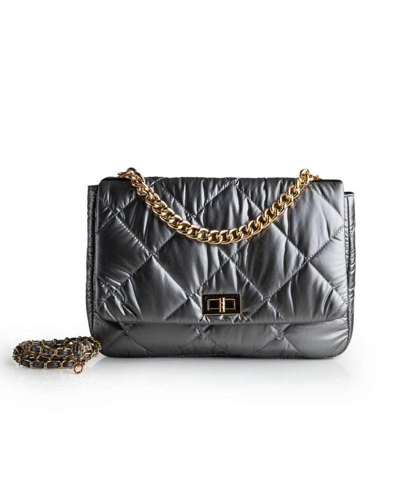 Quilted crossover metallic gray bag