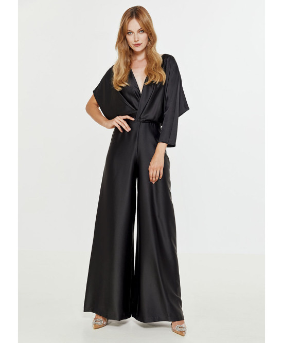 Satin jumpsuit with asymmetric sleeves