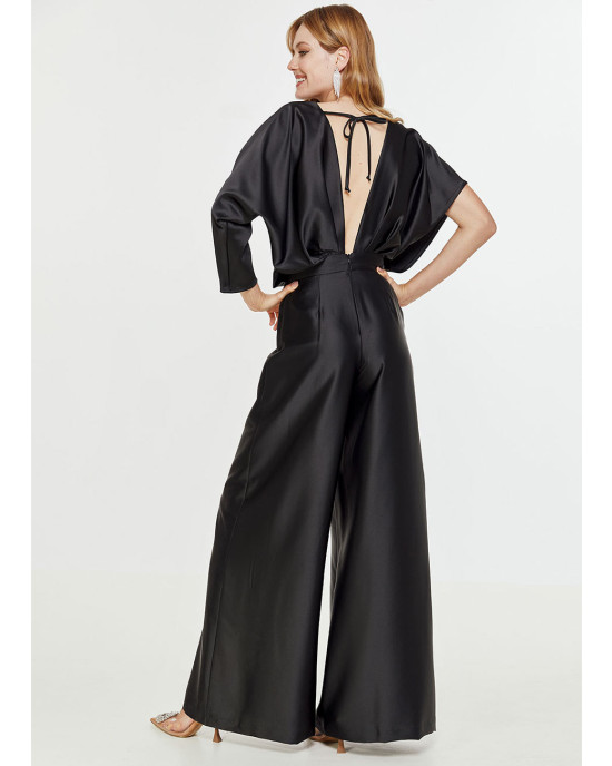 Satin jumpsuit with asymmetric sleeves