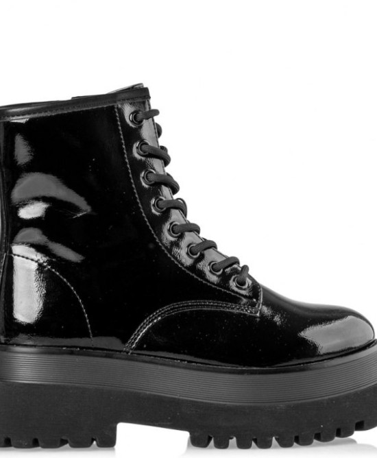 Track sole faux patent lace-up combat boots