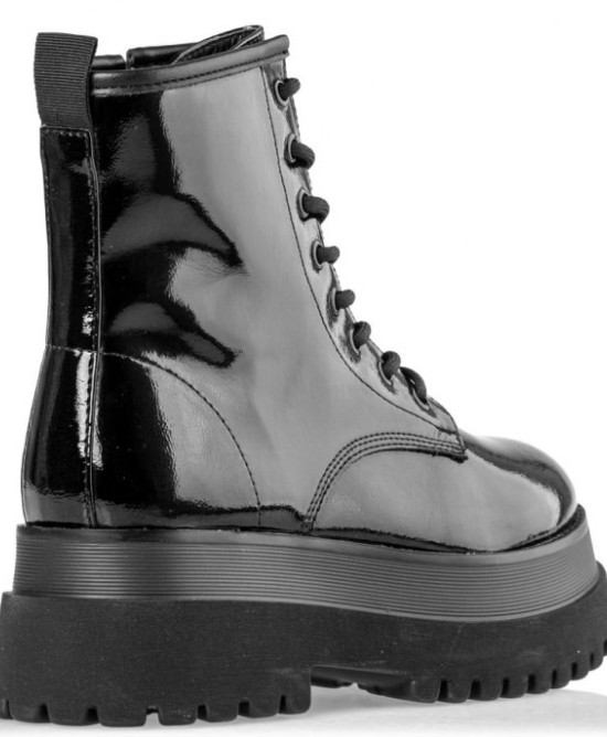 Track sole faux patent lace-up combat boots